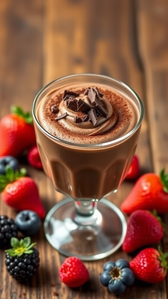 Vegan chocolate mousse in a glass, topped with chocolate shavings and fresh berries.
